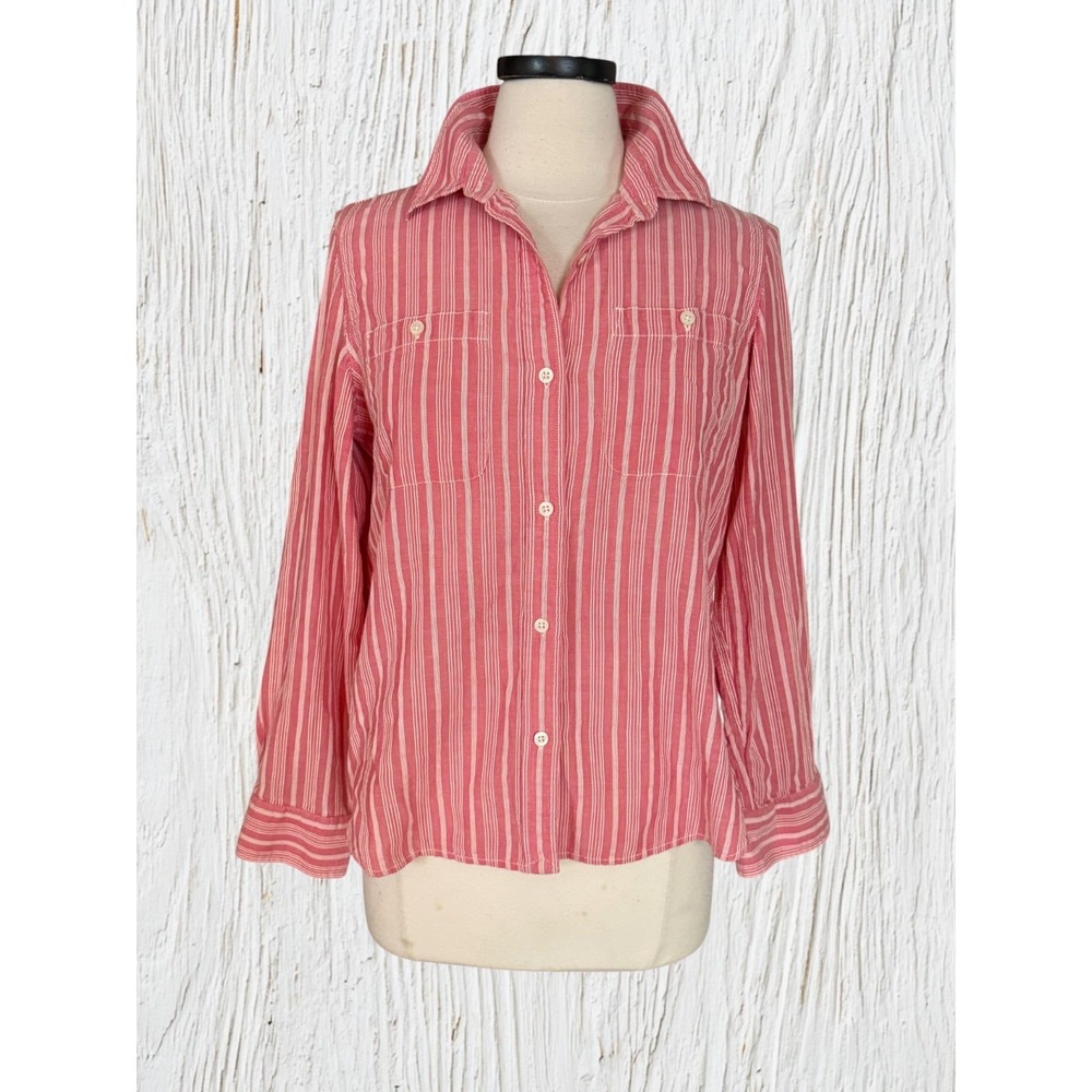 Ralph Lauren Button Up Shirt LRL Rose Pink Ivory Stripe Sz L Petite $89 Preppy